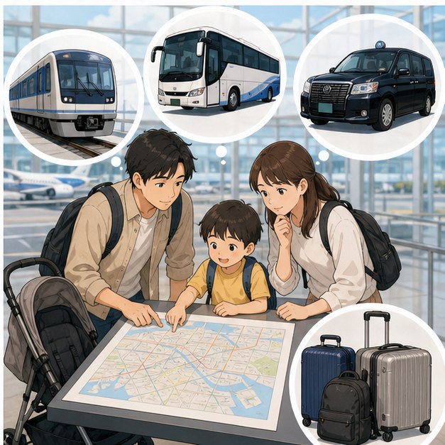 Family comparing train bus taxi van and luggage options for Tokyo airport transfer with kids