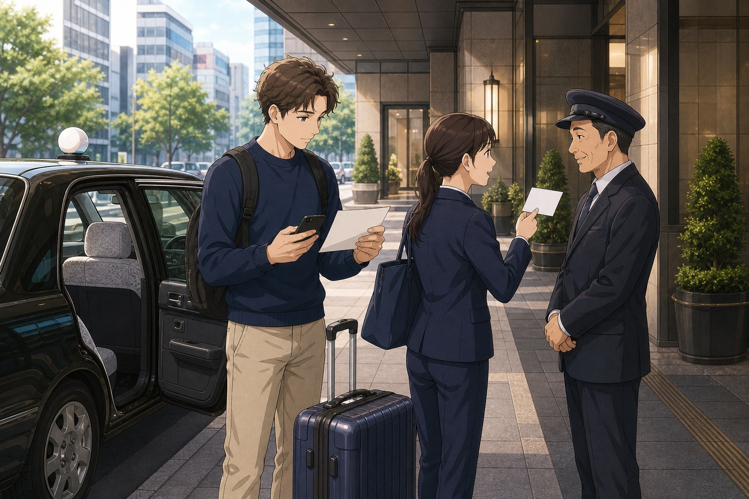 Support coordinator showing a hotel address to a Tokyo taxi driver while traveler holds luggage