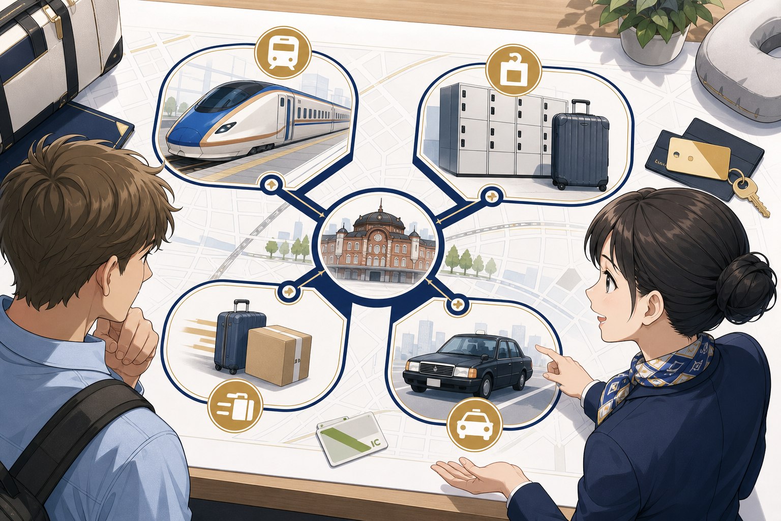 Route map comparing taxi train lockers and luggage delivery from Tokyo Station