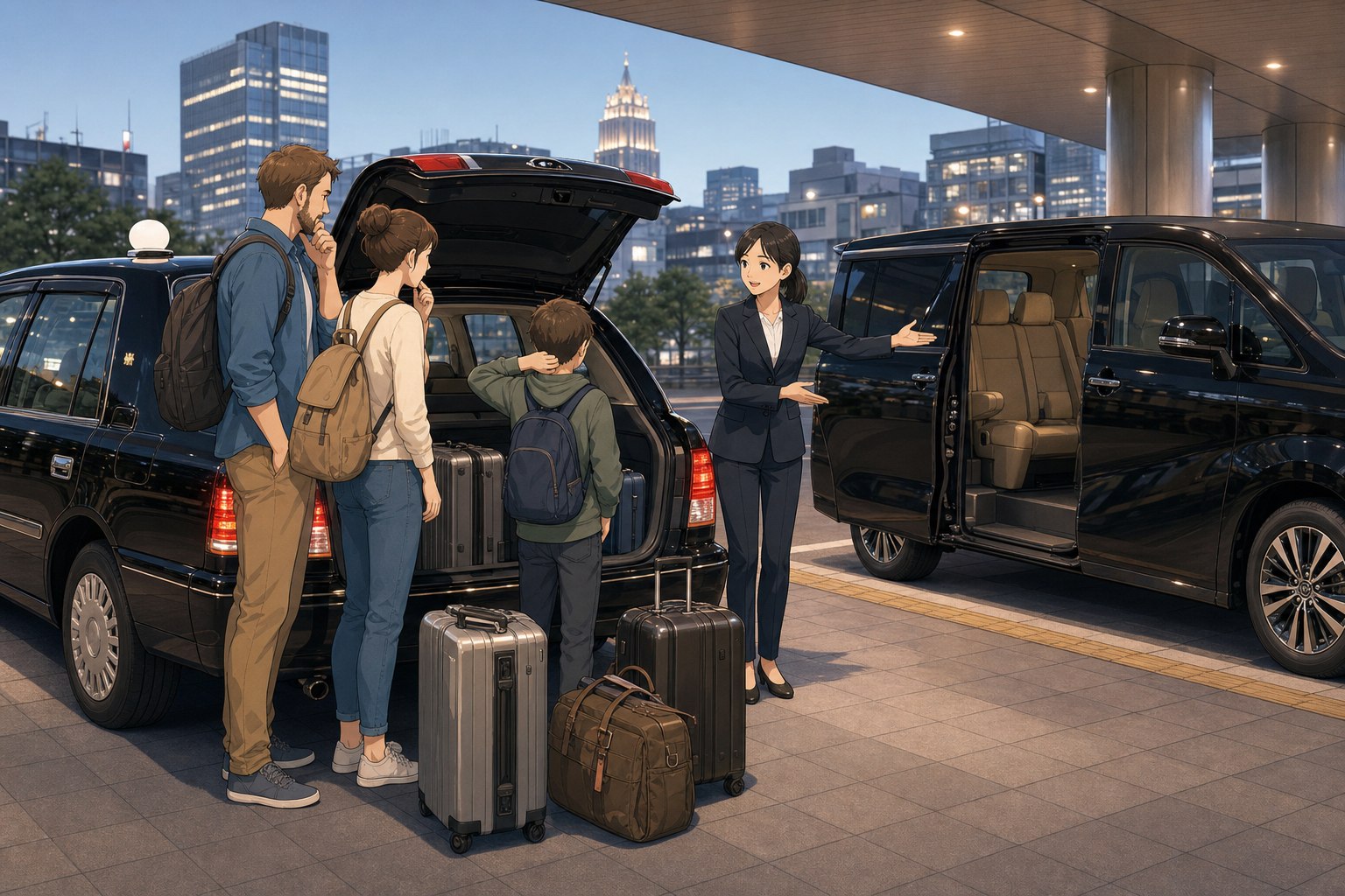 Family checking whether their suitcases fit in a larger taxi near Tokyo Station