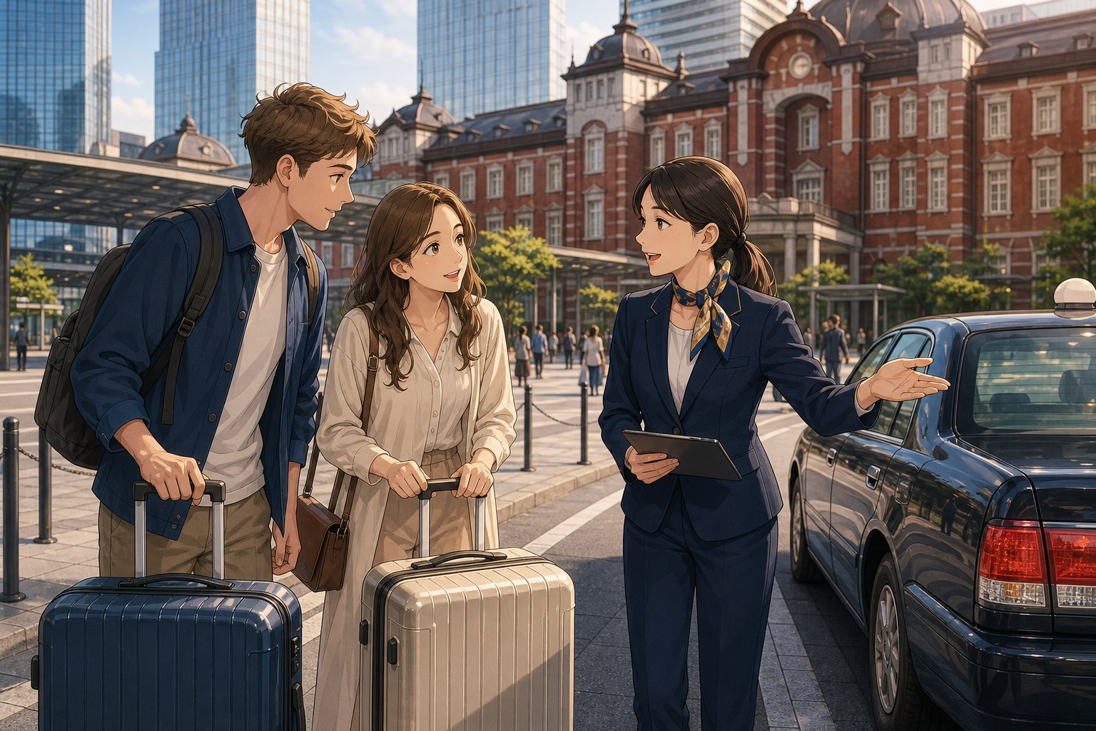 Foreign travelers with suitcases meeting an English-speaking coordinator for a taxi from Tokyo Station