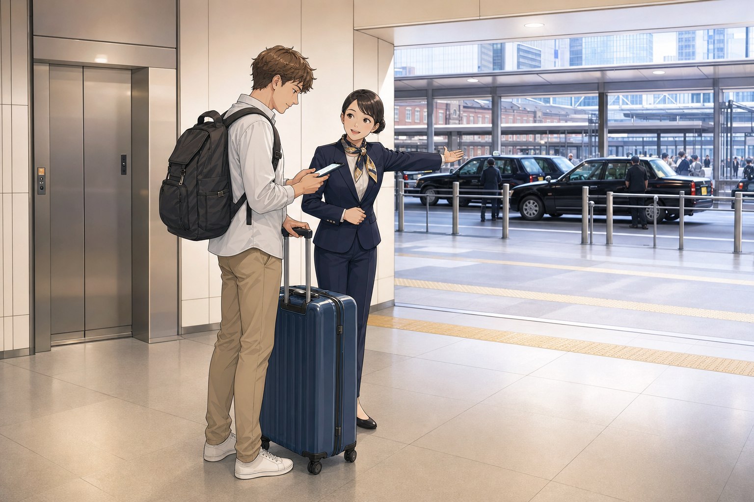 Traveler with suitcase checking the taxi stand outside Tokyo Station