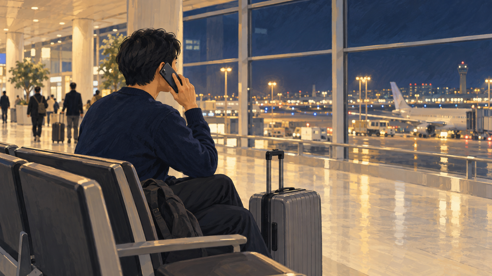 Traveler making a phone call from airport seating with luggage nearby