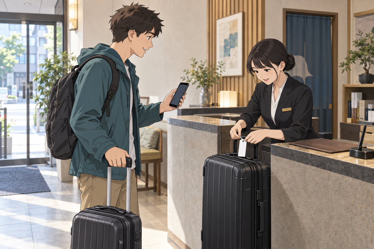 Traveler confirming temporary luggage storage with a Tokyo hotel front desk