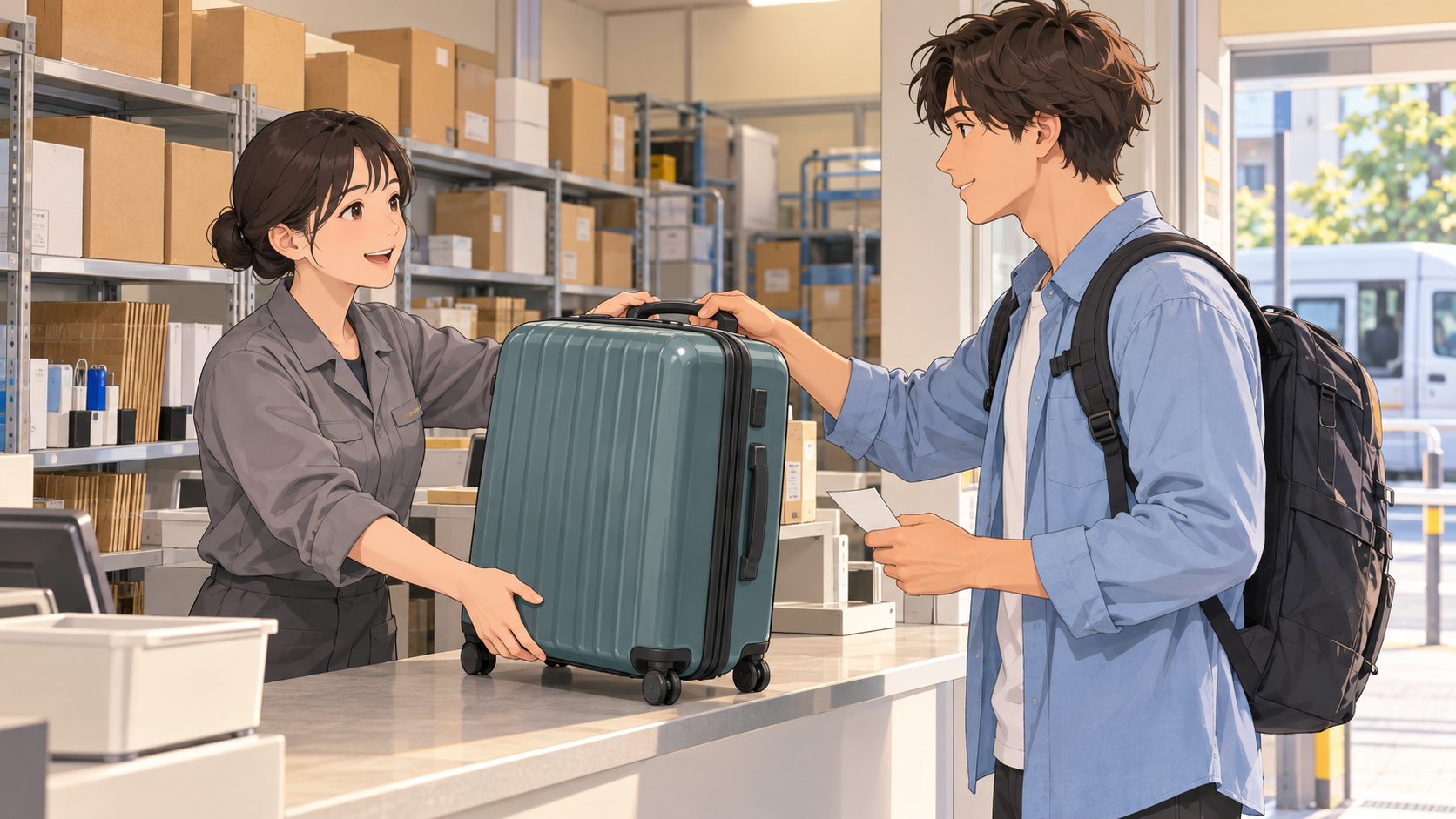 A traveler collecting a suitcase at a staffed parcel counter in Japan