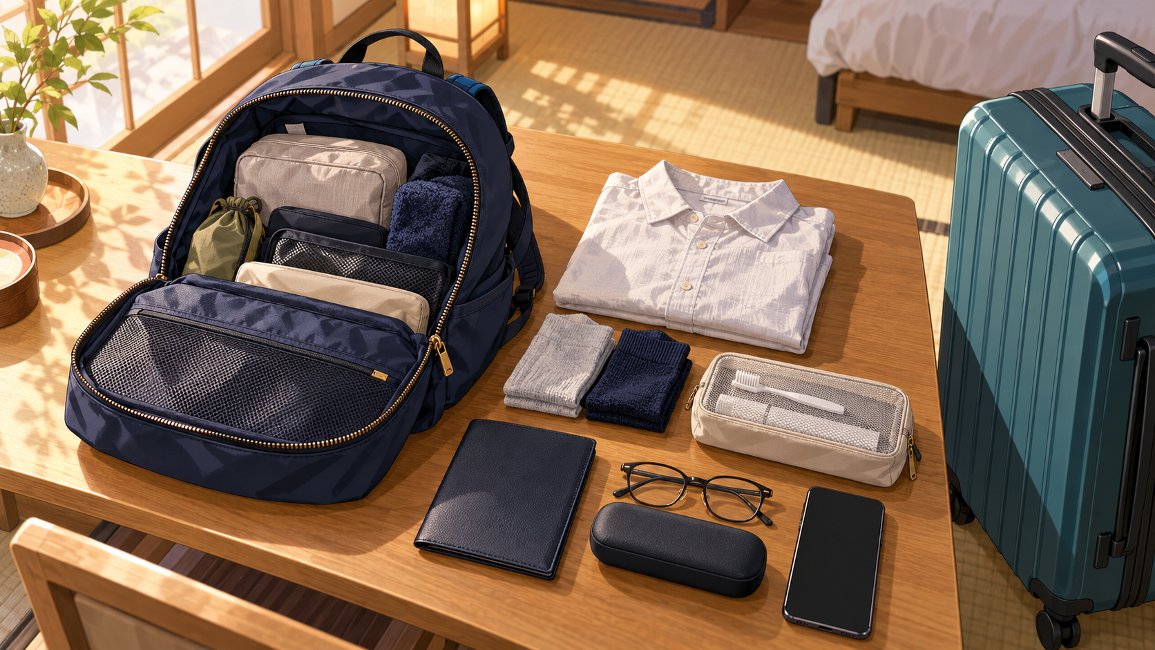 An open overnight backpack with a change of clothes and everyday essentials kept beside a suitcase
