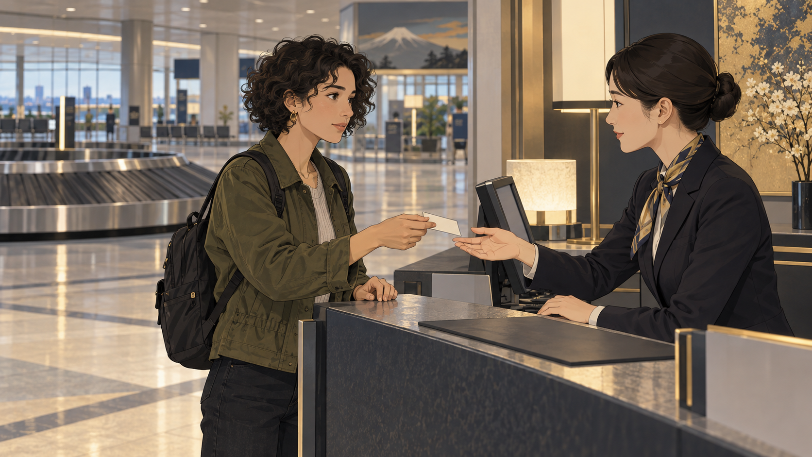 Illustration of a traveler reporting a missing suitcase at an airport baggage-service desk