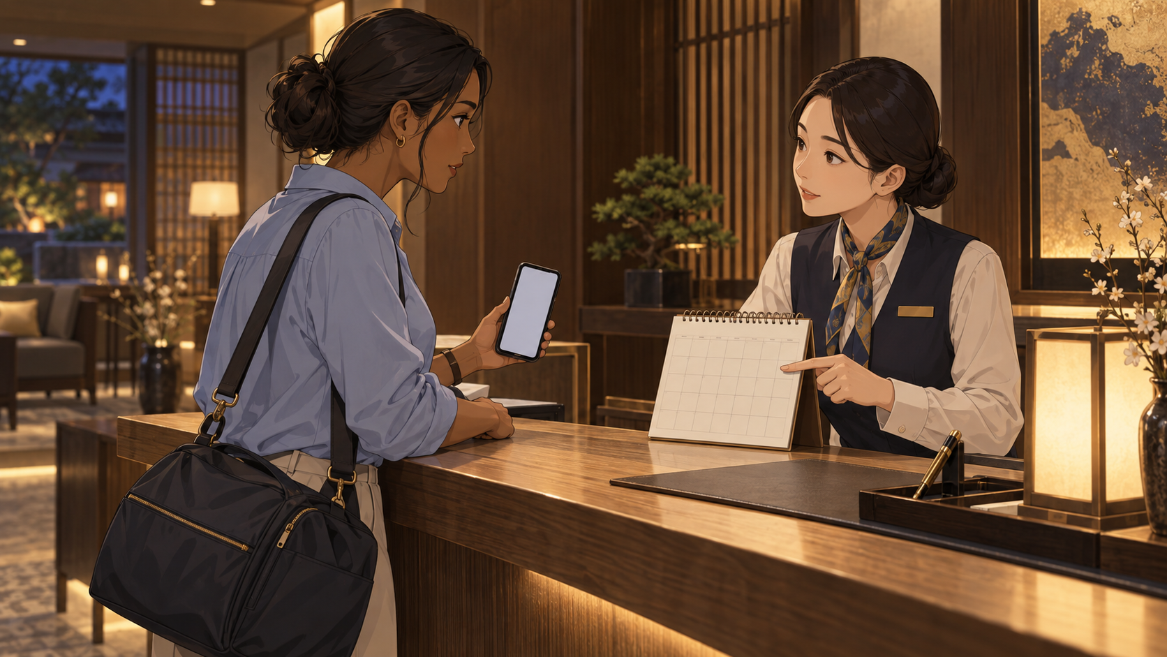 Illustration of a traveler confirming delivery and checkout timing with a hotel receptionist