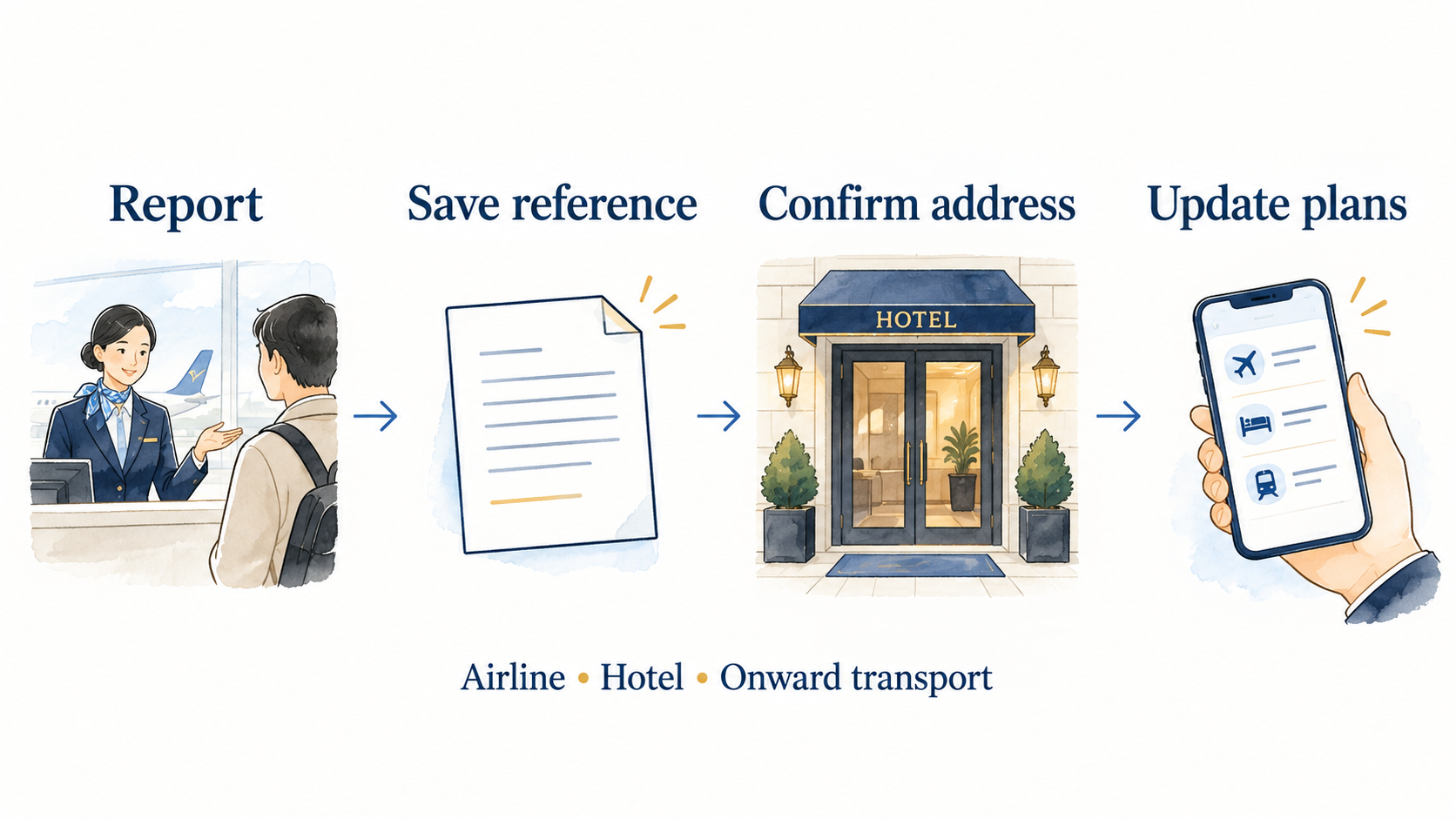 Four-step checklist: report, save reference, confirm address, and update plans with the airline, hotel, and onward transport