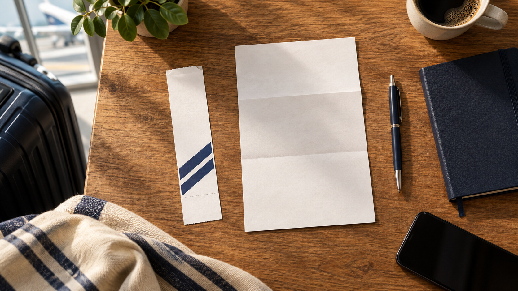 Illustrative baggage-tag stub and separate report sheet beside a notebook and phone