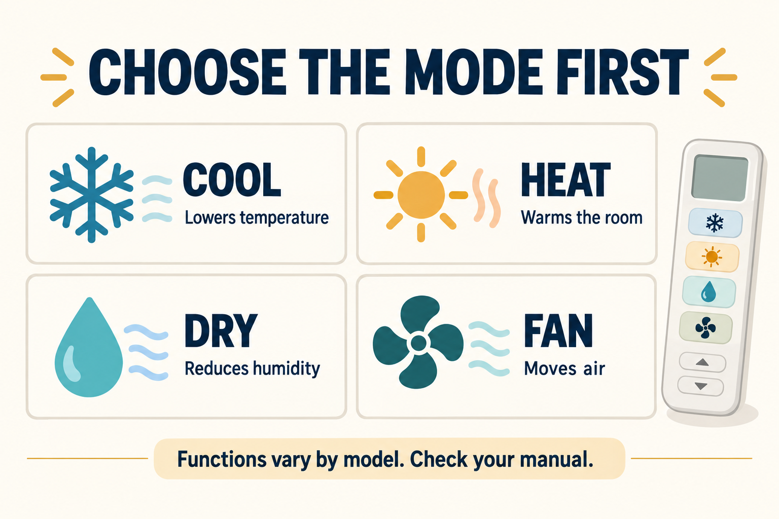 Air conditioner mode guide: cool lowers temperature, heat warms the room, dry reduces humidity, and fan moves air