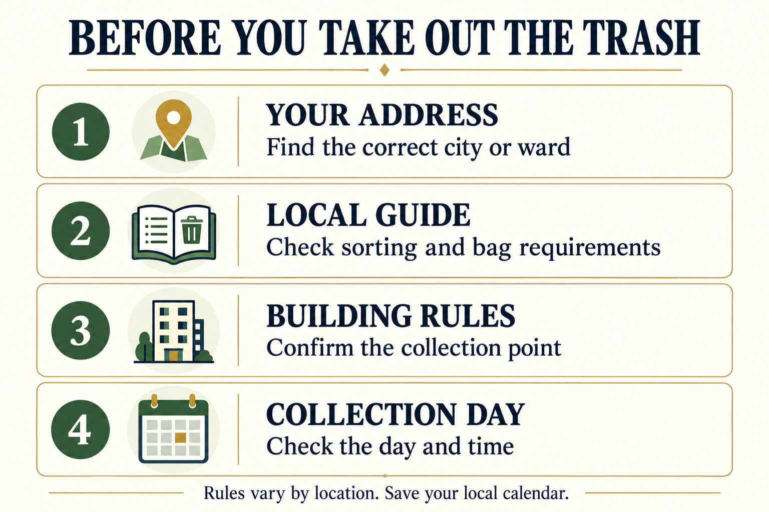 Four checks before taking out garbage in Japan: your address, local guide, building rules, and collection day