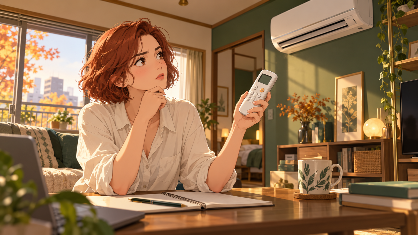 Illustration of a new resident learning to use a Japanese air conditioner remote in her apartment