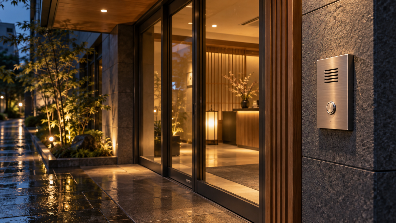 Illuminated generic hotel entrance with a visible intercom beside the doorway at night