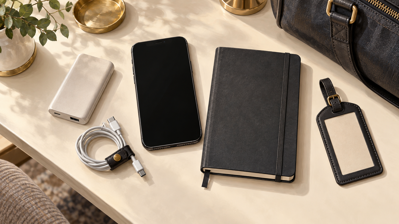 Phone, plain travel notebook, charging cable, and luggage tag arranged as an arrival preparation kit