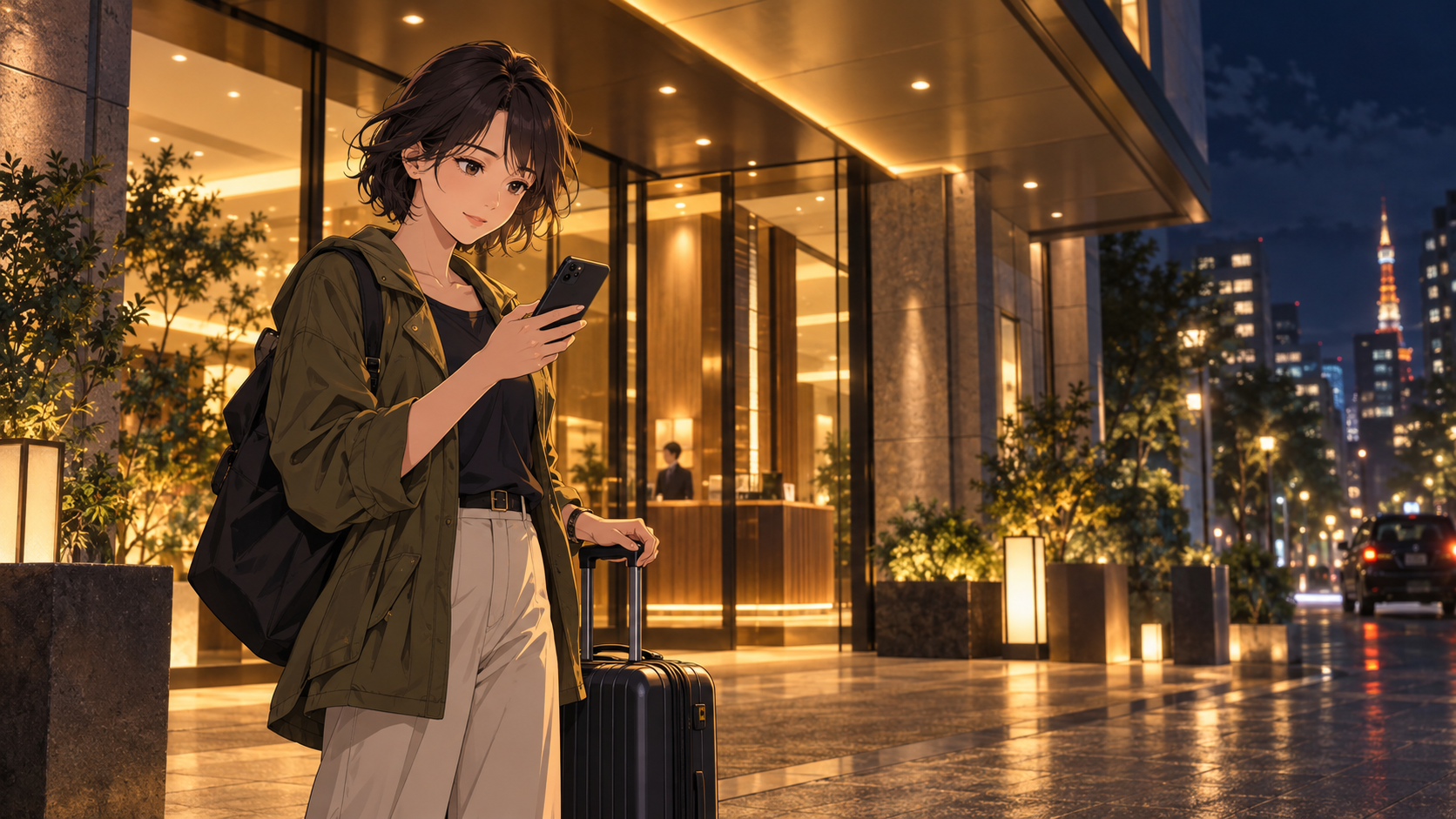 Anime traveler checking a phone beside a suitcase outside an illuminated hotel at night