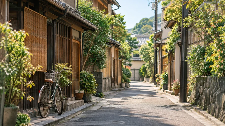A quiet Japanese residential lane with a bicycle and plants