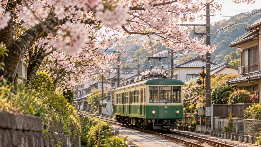 A local Japanese tram beside cherry blossoms