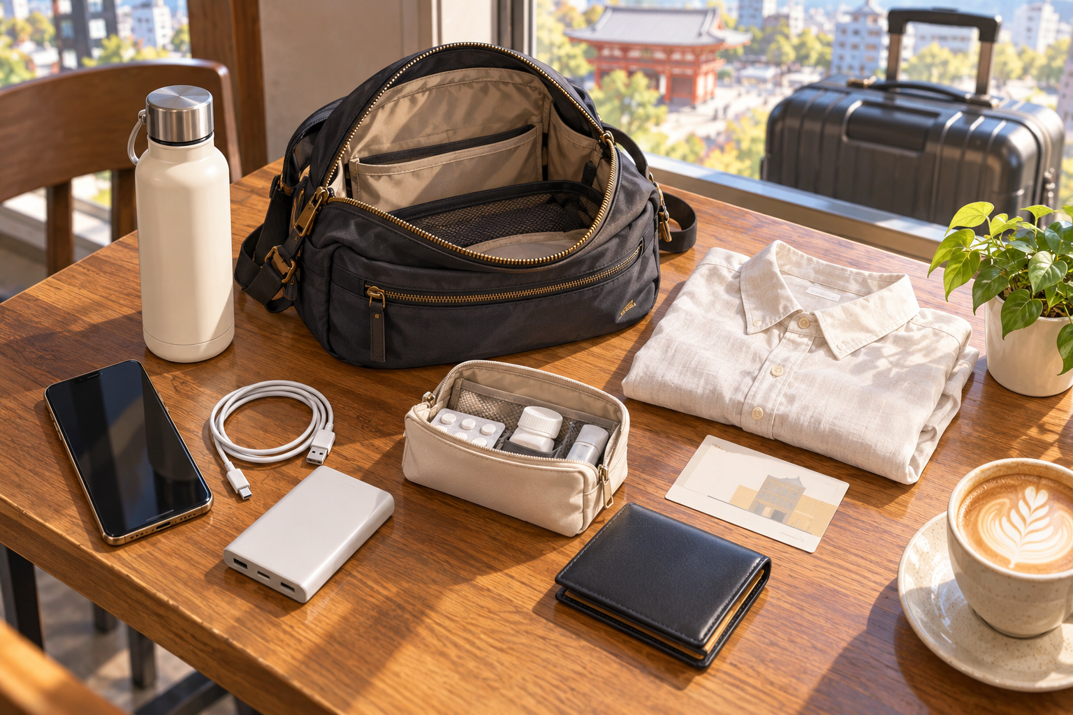 Phone, charger, medicine pouch, wallet, water, and shirt kept in a day bag