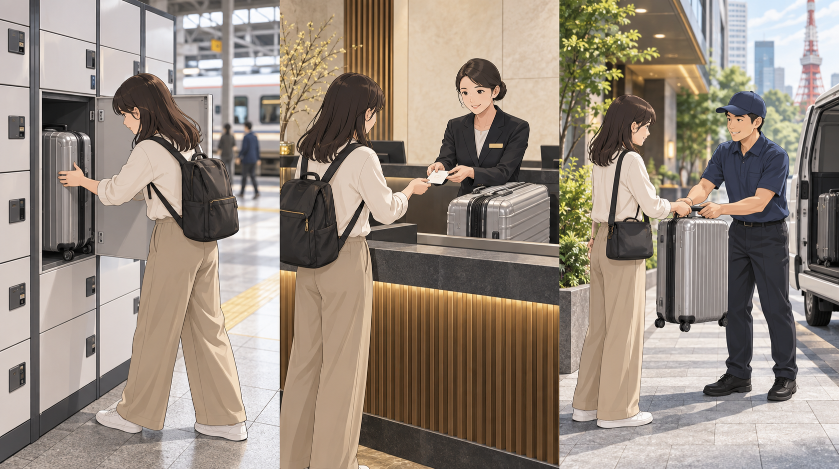 Comparison of a coin locker, staffed luggage counter, and same-day delivery in Tokyo