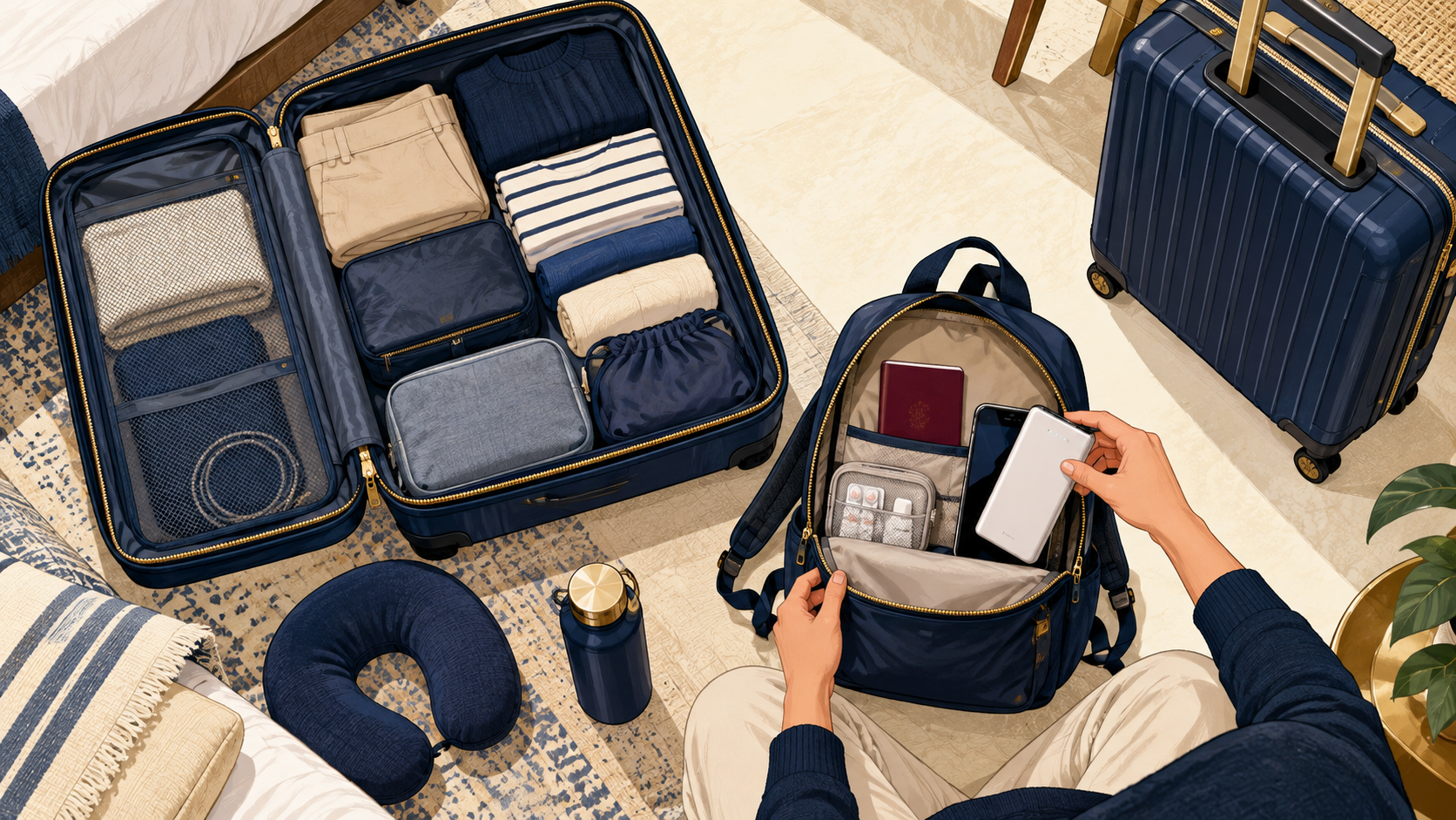 Illustration of separating a daypack and power bank from large suitcases