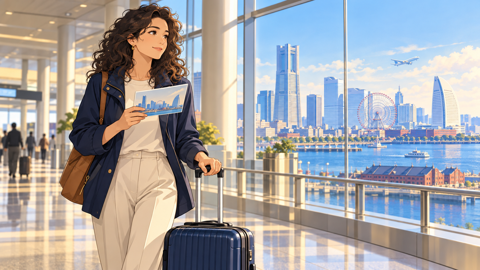 Illustration of a traveler planning a Haneda-to-Yokohama journey with a suitcase
