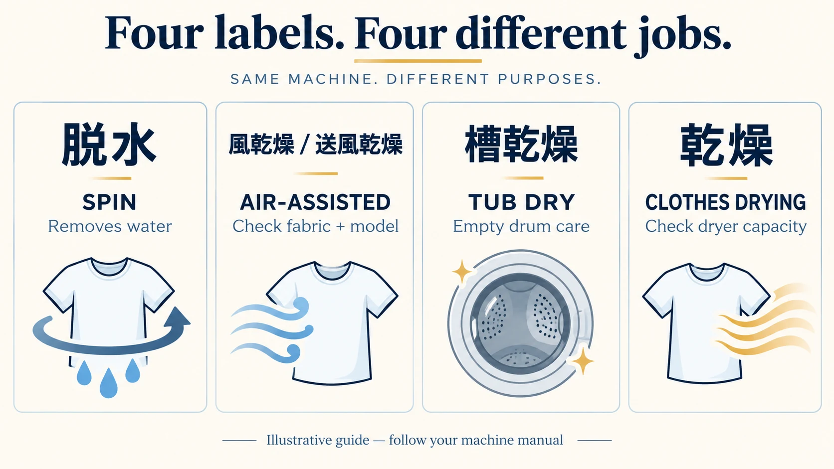 Four washing machine labels compared: spin removes water, air-assisted drying depends on fabric and model, tub drying is empty drum care, and clothes drying requires a suitable dryer course