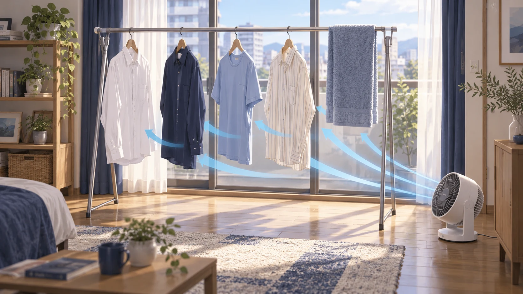 Illustration of spaced shirts on an indoor drying rack with a fan circulating air across the laundry