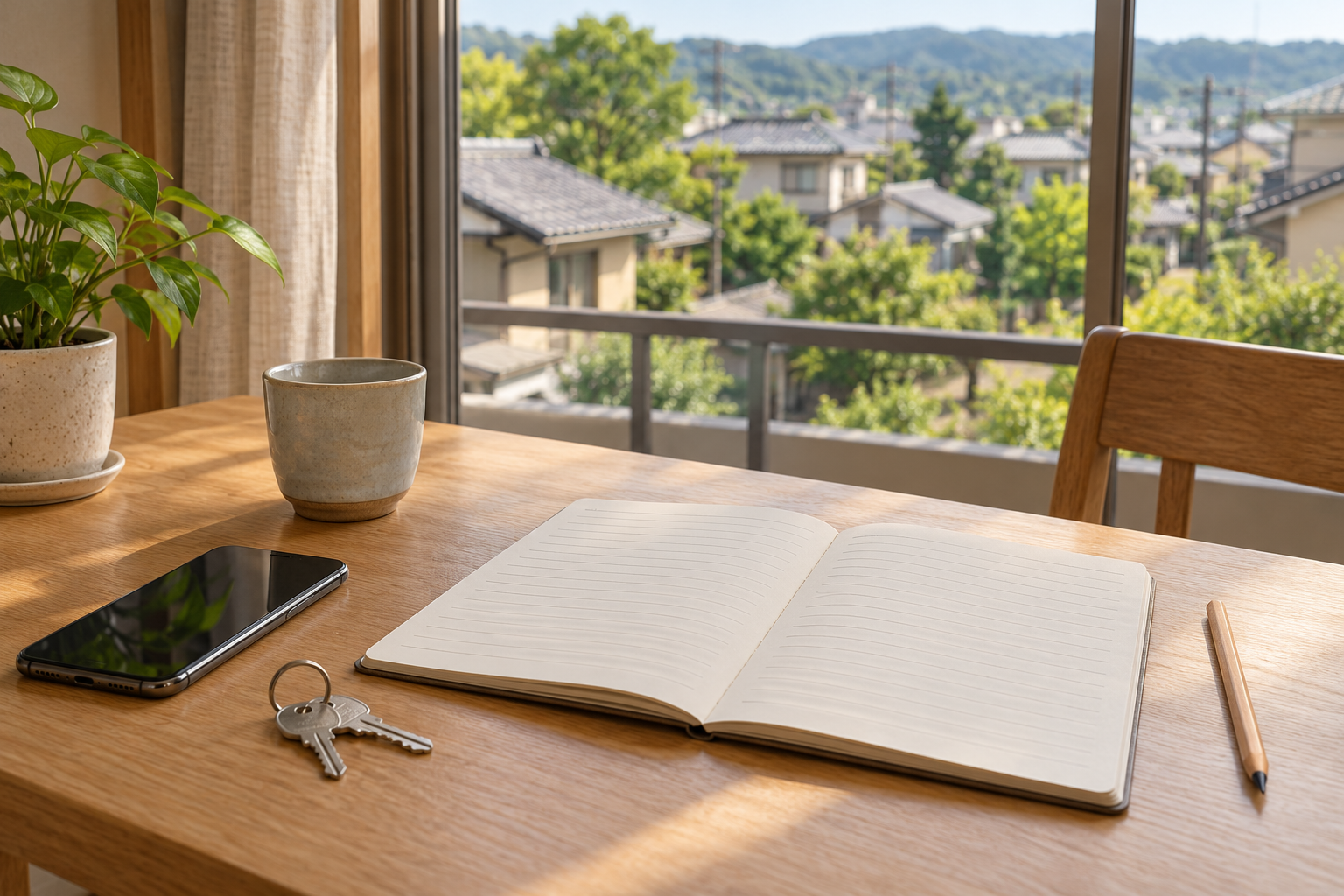 AI-generated illustration of a notebook, phone, and keys prepared for comparing accommodation and daily journeys.