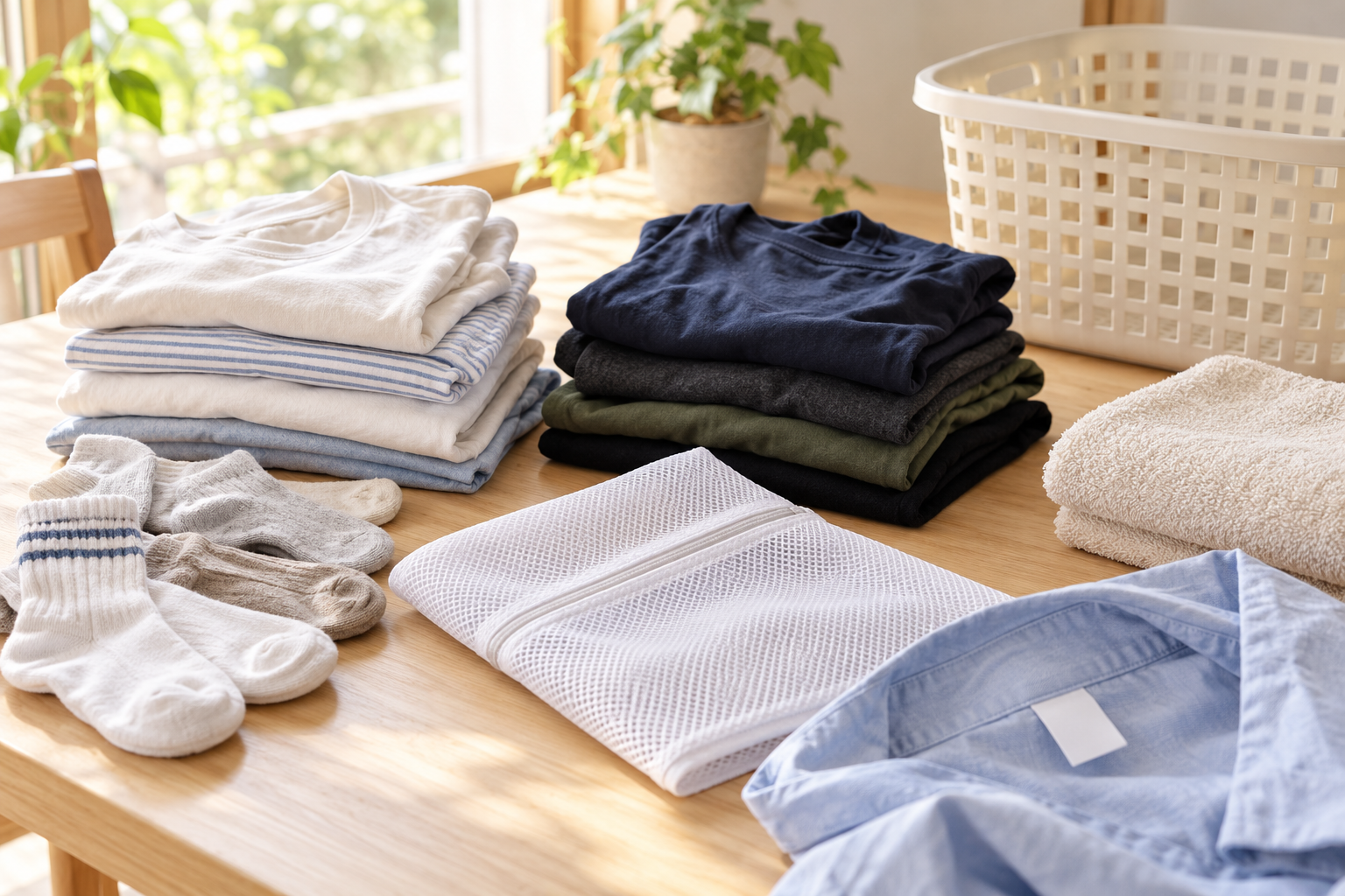 AI-generated illustration of light and dark clothing, a mesh laundry bag, towel and blank garment care tag on a table.