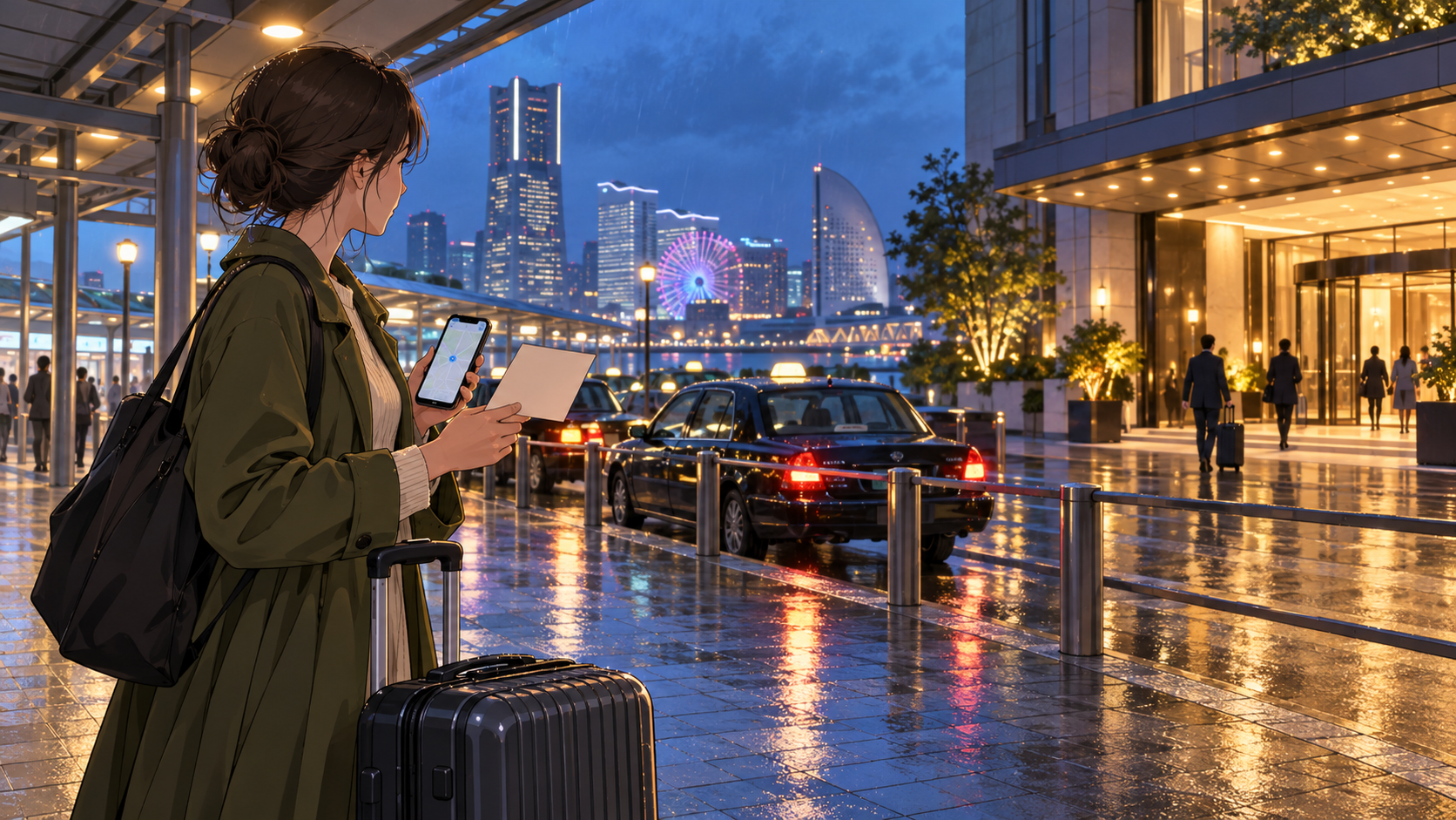 Illustration of a traveler checking the final route to a hotel in light rain